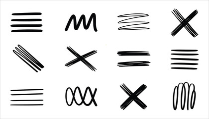 Collection of twelve black hand drawn abstract scribbles and marks on a white background bold