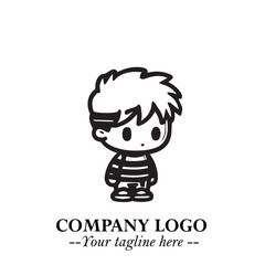 Black and White Chibi Boy Illustration with Jacket and Boots in Bold Thick Line Art Minimal Style
