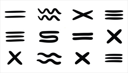 Twelve black hand drawn symbols including horizontal lines wavy lines X shapes and S shapes on white background
