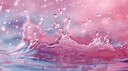 Close up of pink liquid splashing with water droplets in the air and ripples