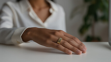 Obraz premium Close-up of a stylish smart ring on a woman's hand, representing innovative femtech for health monitoring and personal care.