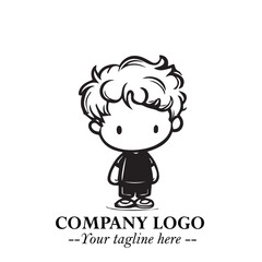 Black and White Chibi Boy Illustration with Jacket and Boots in Bold Thick Line Art Minimal Style
