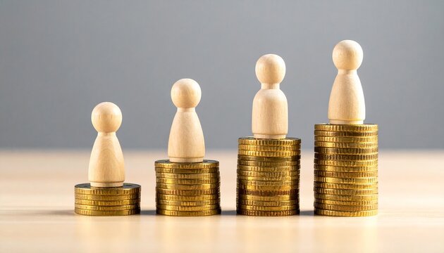 Four wooden figurines on ascending stacks of gold coins symbolizing financial growth and inequality.