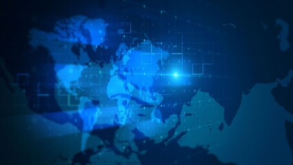 Abstract Blue World Map with Digital Grid Overlay and Technology Elements