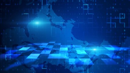 Obraz premium Abstract Digital World Map with Blue Pixels and Futuristic Data Overlay Design