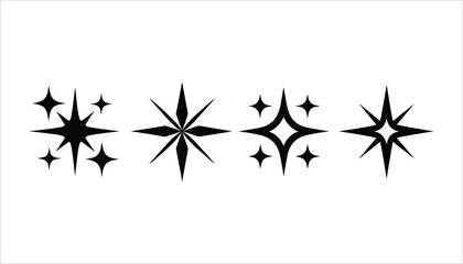 Collection of four black starburst shapes and four smaller star shapes on a white background sparkle