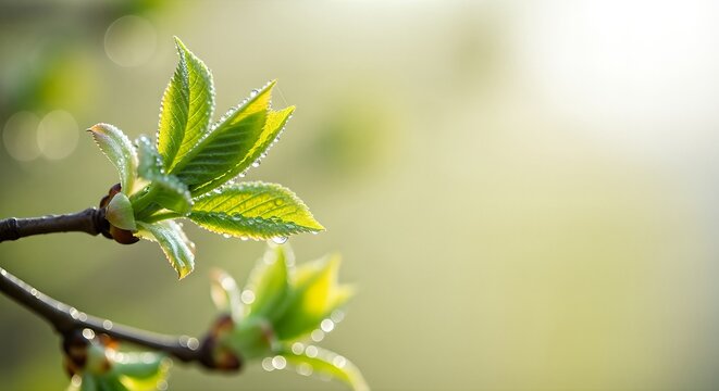 Fresh green leaves budding on a branch in spring.