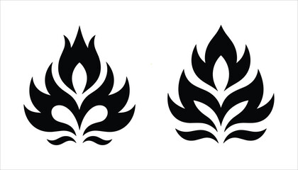 Two black stylized flame or leaf shapes facing each other on a white background fire abstract