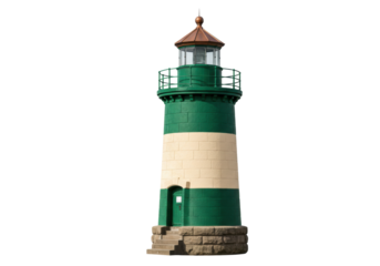 Isolated, striped lighthouse with green and tan coloring and copper trim on a clear day