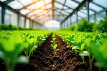 Vibrant green seedlings thriving in a modern greenhouse, sunlight streaming through the glass roof Rows of healthy plants showcase successful cultivation , cultivation, fertile, glass
