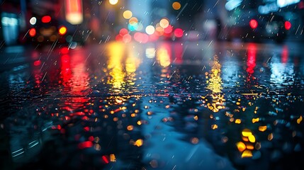 City street reflections during rainfall with blurred lights and bokeh effects view