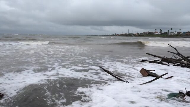 Gusting wind waves crashing shoreline, submerging driftwood tree branches wooden planks in sea foam