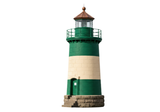 Isolated, striped lighthouse with green and tan coloring and copper trim on a clear day