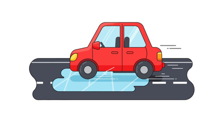 Naklejka premium Red cartoon car hydroplaning and skidding on a slippery icy road. Flat Vector Illustrations. EPS Editable