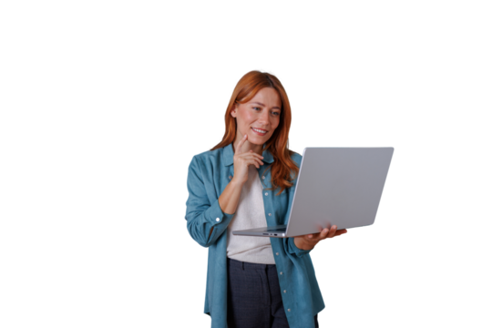 Redhead woman holding laptop and smiling, thinking about online business ideas, transparent background - Powered by Adobe