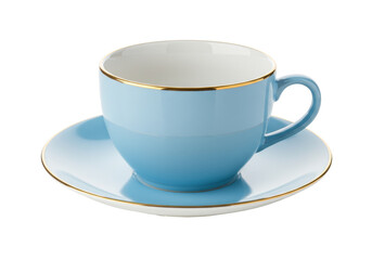 Isolated light blue teacup and saucer featuring gold trim against neutral backdrop