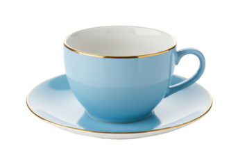 Isolated light blue teacup and saucer featuring gold trim against neutral backdrop