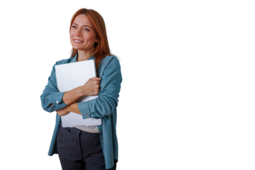 Woman holding laptop looking away, confident professional with red hair, business casual style, transparent background