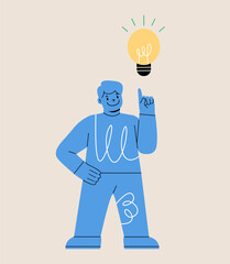 Boy with great ideas and light bulb. Colorful vector illustration