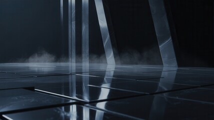 Abstract light beams illuminating a dark reflective surface with subtle mist