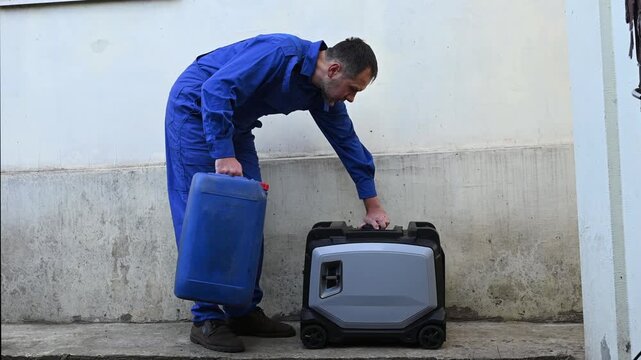 A bearded man in work clothes starts a gasoline-powered portable inverter generator. Energy independence during natural disasters and blackouts. A worker pours fuel into a generator
