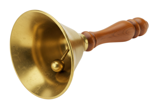 Isolated Gold metal bell with a wooden handle for Christmas decorations and school use