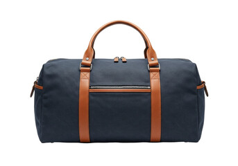 Isolated duffel bag with leather straps, navy blue canvas weekender bag, vacation travel