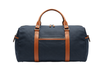 Isolated duffel bag with leather straps, navy blue canvas weekender bag, vacation travel