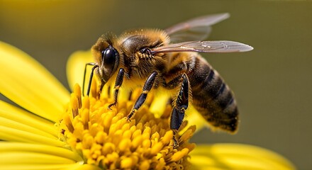 Honey Bee Collecting Nectar on a Bright Yellow Flower.
