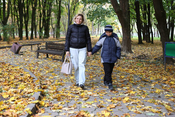 A woman and her son are walking through an autumn park, collecting yellow leaves.