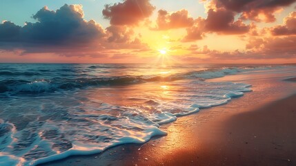 A view of the ocean waves washing ashore during a vibrant and colorful sunset