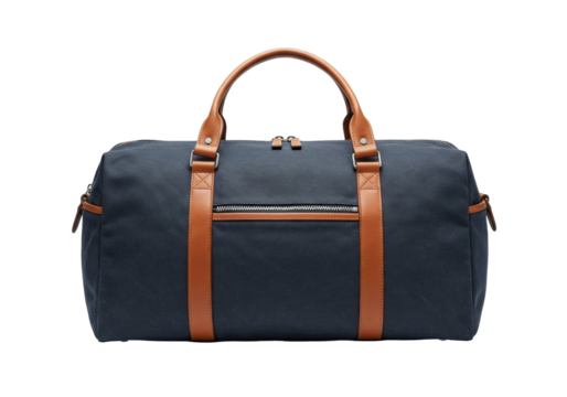 Isolated duffel bag with leather straps, navy blue canvas weekender bag, vacation travel