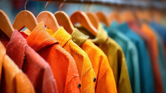 A row of colorful jackets with droplets, hanging on wooden hangers, in a shallow depth of field