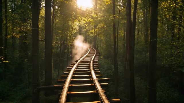 Advancing camera showing curving rail tracks in forest, morning sun dispersing steam above sleepers