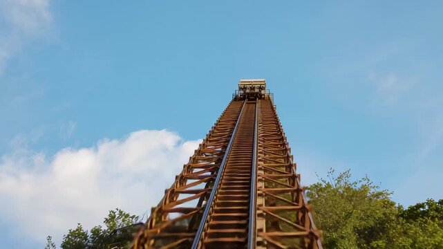 Lift-hill chain engaging coaster train climbing steel track on hillside, with riders raising arms