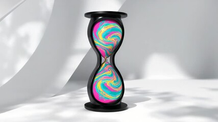 Light casting shadows in studio, camera shifting right as neon fluid rotating in black hourglass - Powered by Adobe