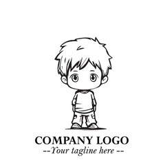 Black and White Chibi Boy Illustration with Jacket and Boots in Bold Thick Line Art Minimal Style
