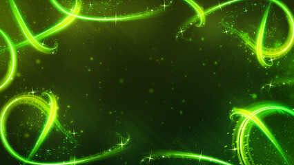 Magical Emerald Green Swirls and Neon Light Trails Frame a Dark Background with Sparkling Star Dust and Energy Effects
