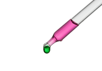 Isolated Dropper with Colorful Liquid Mixture Suspended at the Tip for Medical Experimentation