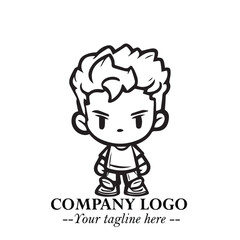 Black and White Chibi Boy Illustration with Jacket and Boots in Bold Thick Line Art Minimal Style
