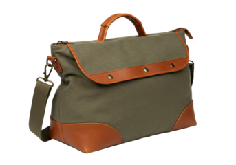 Isolated military olive green canvas messenger bag with brown leather trim and carrying strap