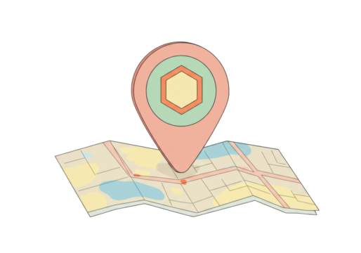 Isolated illustration of a location map pin on a city street map pointing to direction sign