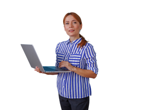Woman freelancer working on laptop, managing business remotely, female professional holding notebook, transparent background