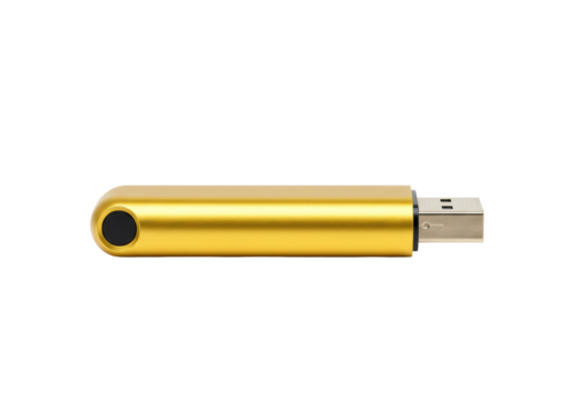 Isolated sleek golden USB flash drive used for data storage and file transfer on a table