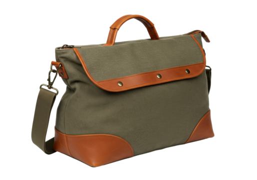 Isolated military olive green canvas messenger bag with brown leather trim and carrying strap