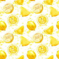 lemons Ripe fresh juicy fruits with slices hand drawn watercolor illustration isolated on white with splashes and brush strokes. Citrus yellow seamless pattern for design, textile, wallpaper, print
