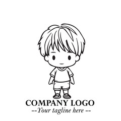 Black and White Chibi Boy Illustration with Jacket and Boots in Bold Thick Line Art Minimal Style

