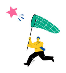 Business man runs and catches a star. Flat vector illustration isolated on white background