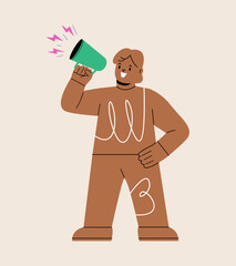 Girl excitedly shouting into megaphone. Colorful vector illustration