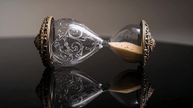 Lighting shifting across decorative hourglass on black table, highlighting intricate metal filigree